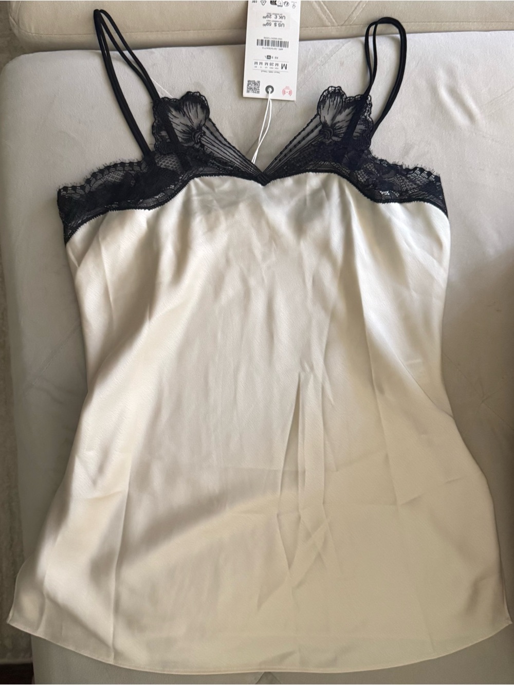 Satin cream cami with black lace trim
